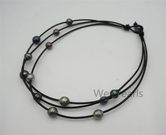 Tahitian Pearl and Leather Necklace, Floating pearl and leather Necklace, Multi-Strand Pearls necklace, Le11-024