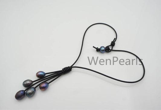 Five Deep Blue Gray Rice Pearl Leather necklace, Green Freshwater pearl, Black Leather Pearl necklace, Select leather color, Le4-076