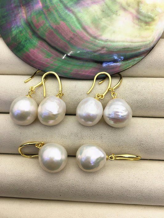 1 pair AAA 12-13mm white drop edison pearl dangle earrings, Gold S925 Sterling Silver earrings, wedding pearl earrings, SE3-T9-25