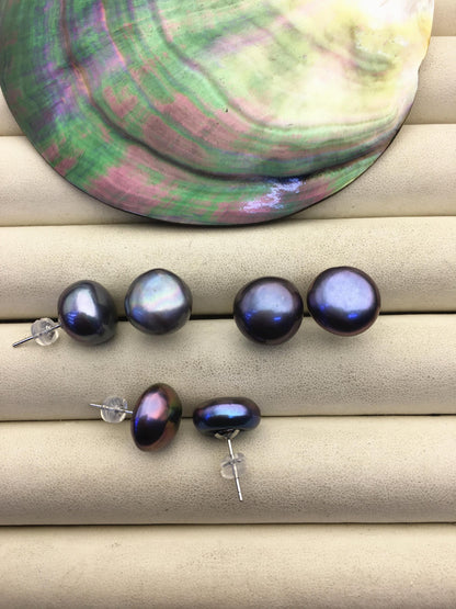 AA+ 13-14mm big black blue button round Pearl Stud Earrings, freshwater pearl earrings, classic pearl studs, SE1-069-34