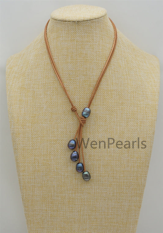 Big Deep Blue Drop Pearl Leather necklace, Black Freshwater pearl, Black Leather Pearl necklace, Select leather color, Le4-068