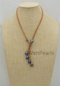 Big Deep Blue Drop Pearl Leather necklace, Black Freshwater pearl, Black Leather Pearl necklace, Select leather color, Le4-068