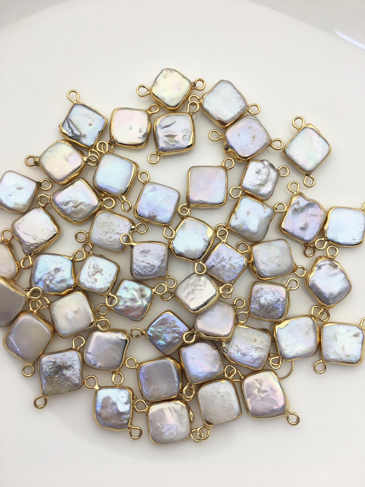 10pcs AA+ 11-12mm White Block Pearl Pendant with Gold Electroplated Edge for make Earrings bracelet necklace, wen pearl, EDG-013