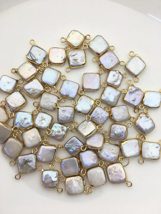10pcs AA+ 11-12mm White Block Pearl Pendant with Gold Electroplated Edge for make Earrings bracelet necklace, wen pearl, EDG-013