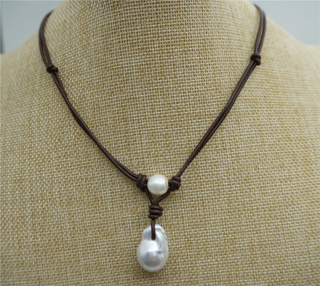 Flameball pearl and leather necklace, Baroque Freshwater Pearl Drop Necklace, Flaming ball pearl necklace, wholesale, Le2-012