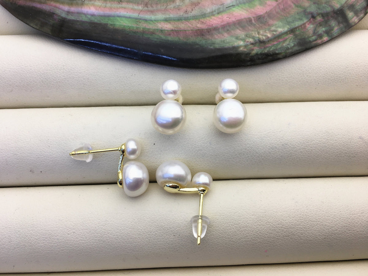 High Luster!AAA white 8-9mm button round pearl stud earring wedding,SE3-008-4