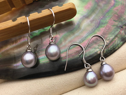 AAA 7.5-8mm white/purple/gray rice freshwater pearl dangle earrings, S925 Sterling Silver pearl earrings, pearl for women, SE3-110