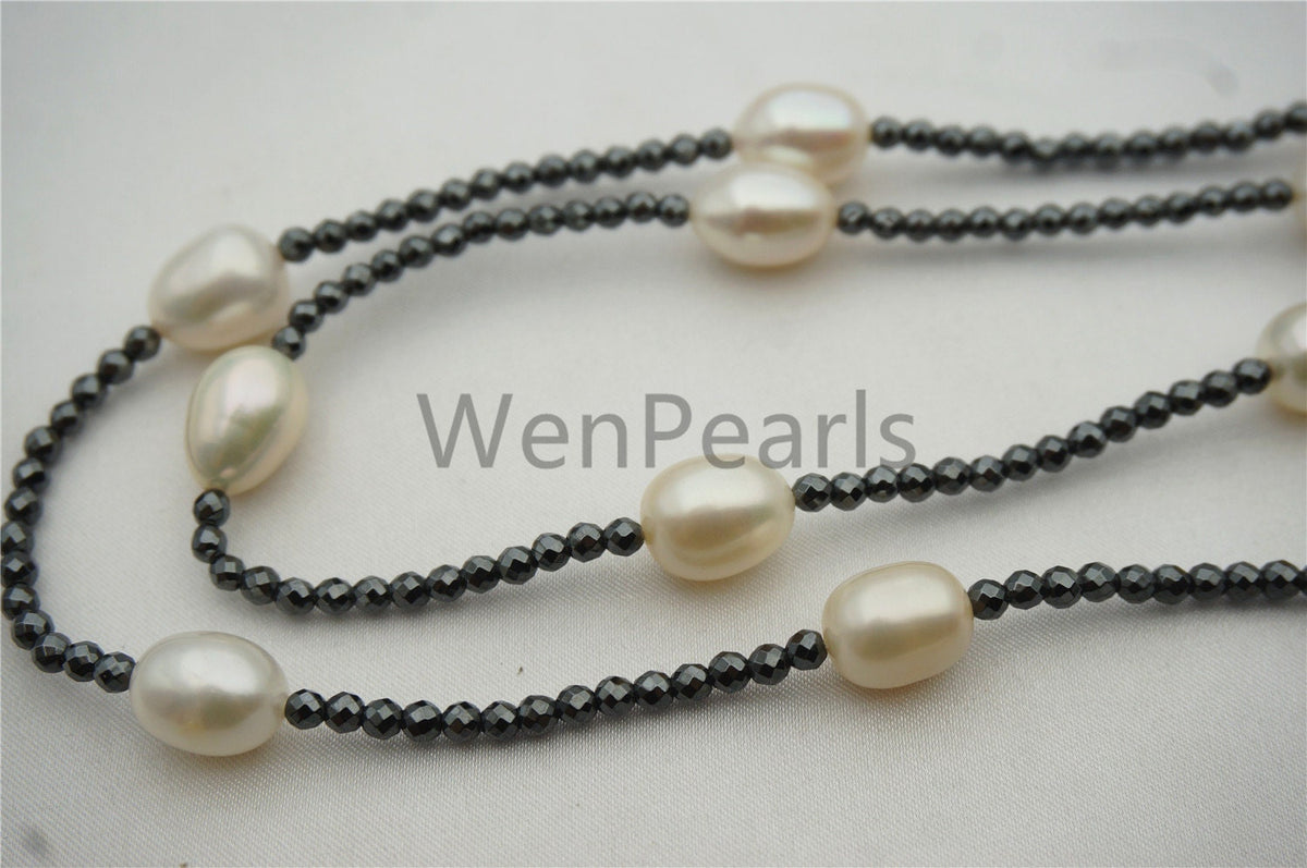 White Rice pearl Necklace - AAA rice pearl - Hematite pearl necklace - Select Length - TN1-002