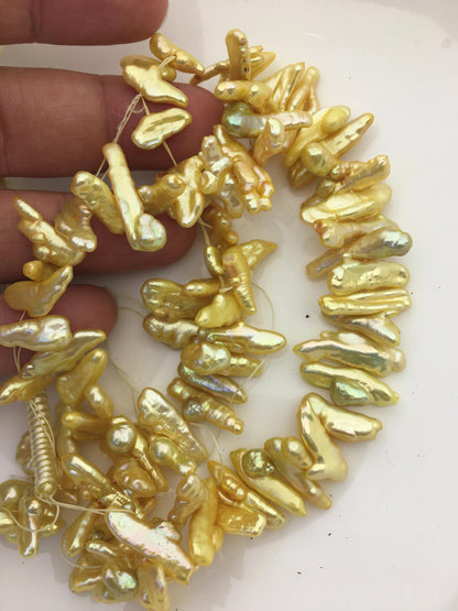 AA+ 7-8mm yellow Biwa Pearl Necklace,Genuine Fresh Water Pearl,Wedding Necklace,Mothers Day,ZS-80-10-48