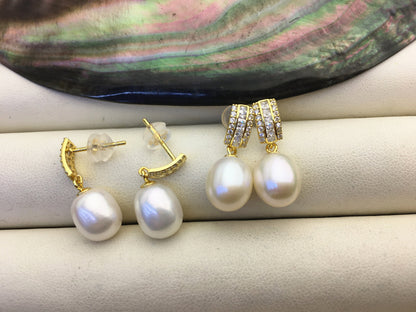 AAA 9mm White rice pearl cz stud earrings,S925 Sterling Silver pearl earrings,pearl for women for girl,SE3-018