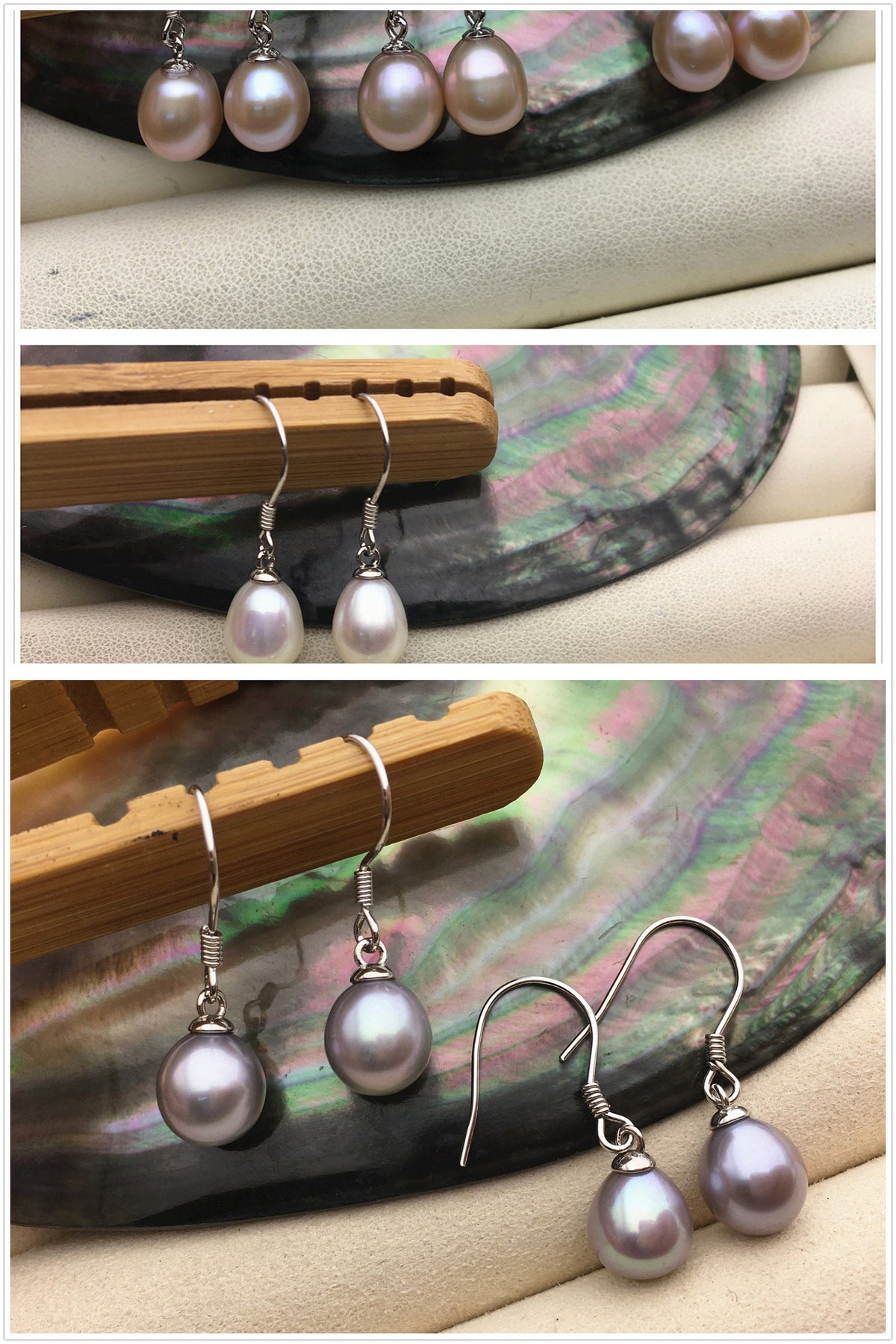 AAA 7.5-8mm white/purple/gray rice freshwater pearl dangle earrings, S925 Sterling Silver pearl earrings, pearl for women, SE3-110