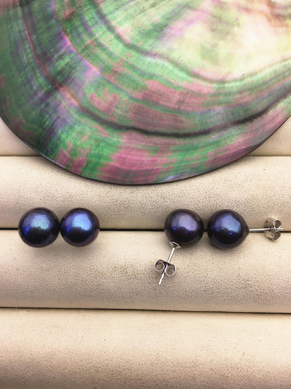 1 pair AA+ 9-10mm black round edison pearl stud earrings, S925 Sterling Silver stud earrings, wedding pearl earrings, SE3-T9-59