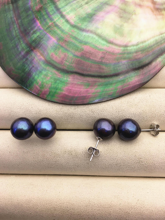 1 pair AA+ 9-10mm black round edison pearl stud earrings, S925 Sterling Silver stud earrings, wedding pearl earrings, SE3-T9-59