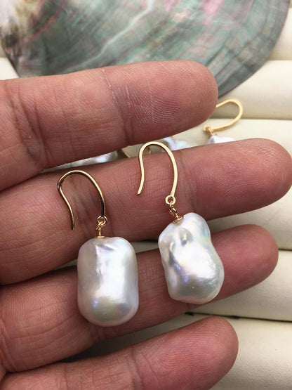 1 pair AAA 12-15mmx16-21mm white flame ball pearl rose dangle earrings, earring with white baroque Natural Pearl, SE3-031-12