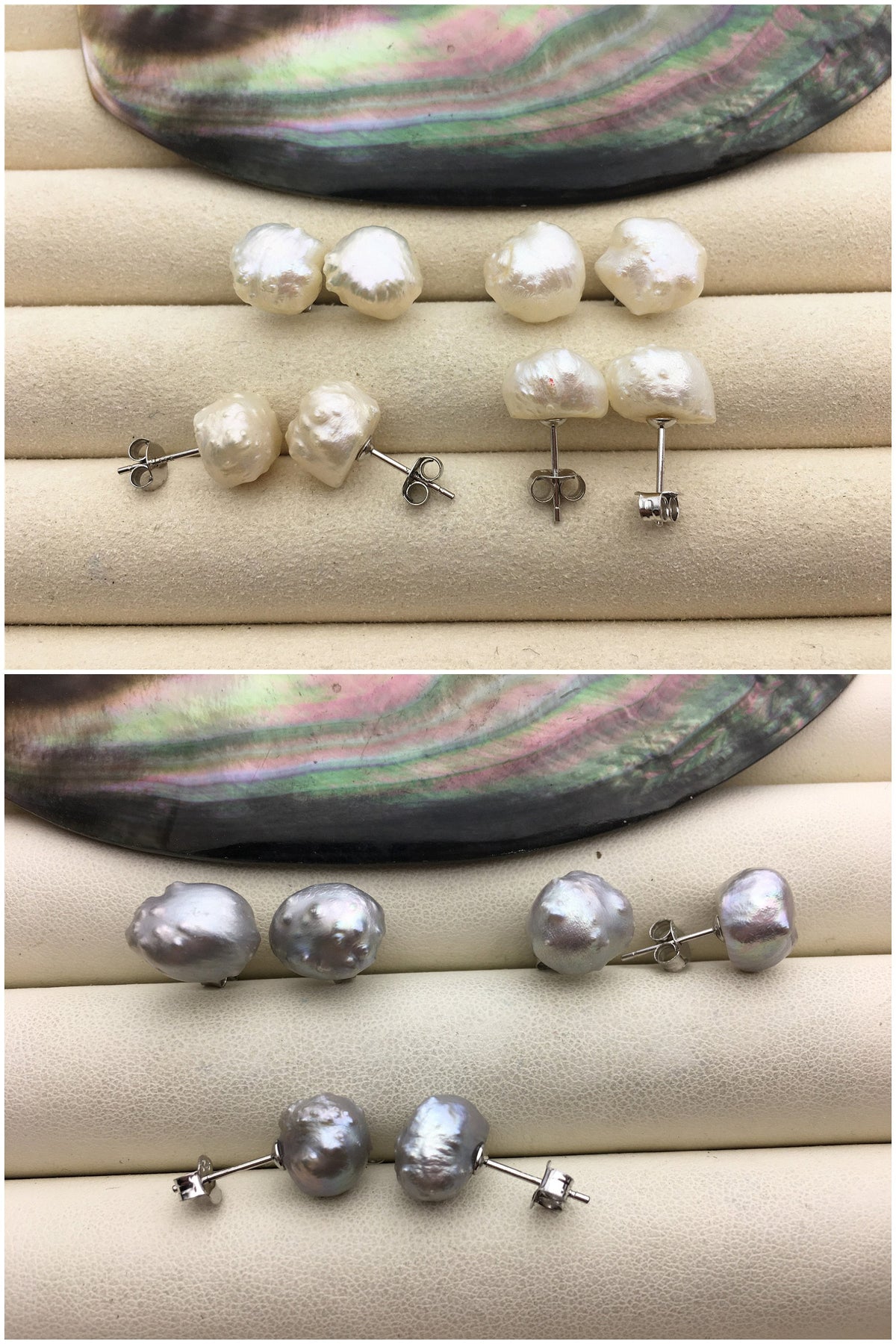 Rare!10-11mm White/Gray Natural Rare Rosebud Freshwater Pearl Stud Earrings,thorn pearl,SE3-067