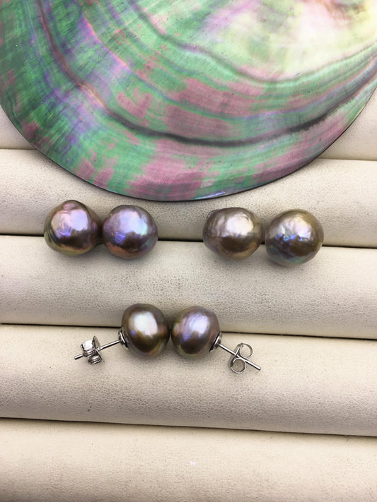 1 pair AA+ 11-12mm gray rainbow baroque near round edison pearl stud earrings, S925 Sterling Silver stud earrings, SE3-T9-9