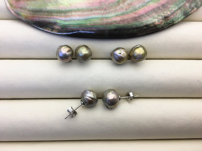 2 pairs AA+ 9-10mm gray baroque near round edison pearl stud earrings,S925 Sterling Silver stud earrings,SE3-T68