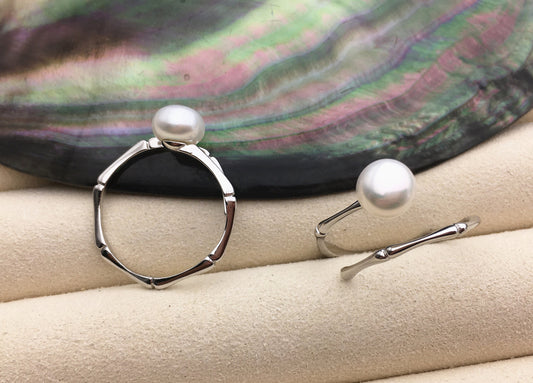 AAA single white button round Pearl Sterling silver ring, wedding rings for women, sterling silver 925 open ring jewellery, R1-060