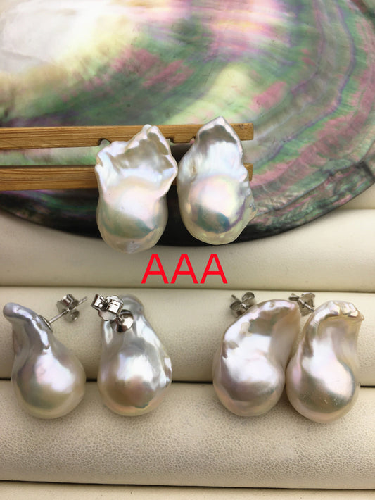 1 pair AAA/AA 14-17mmx20-28mm flame ball pearl stud earrings, sterling silver, earring with white baroque Natural Pearl, SE3-031-1