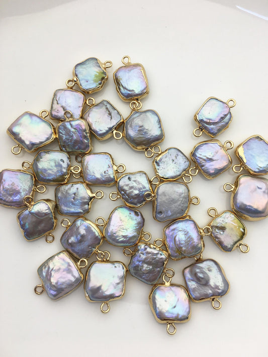 5pcs AA+ 12-15mm Gray Block Pearl Pendant with Gold Electroplated Edge for make Earrings bracelet necklace, wen pearl, EDG-014