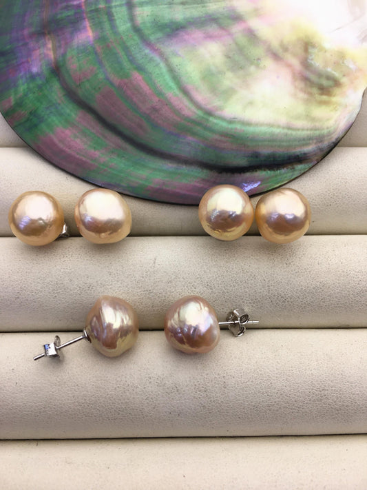 1 pair AAA 8-13mm natural rainbow near round edison pearl stud earrings,S925 Sterling Silver stud earrings,SE3-T9-52