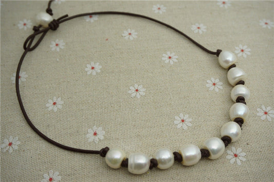 Big rice pearl necklace, white freshwater pearl necklace, Leather Pearl Necklace, Pearl Leather Necklace, White Leather Pearl necklace, Le1-096