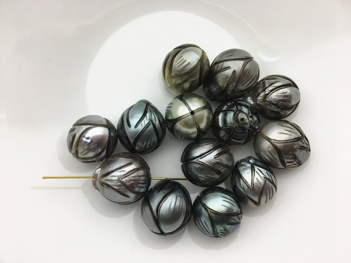 1pc 12-13mm Lotus Flower Carved Tahitian Pearl - Hand Carved - Tattoo Tahitian Pearls, carved pearls, flower designs, CAC-FLW-9-14