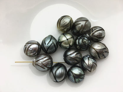1pc 12-13mm Lotus Flower Carved Tahitian Pearl - Hand Carved - Tattoo Tahitian Pearls, carved pearls, flower designs, CAC-FLW-9-14