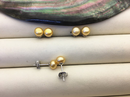 AAA 6mm to 9mm mustard yellow pearl earrings, Fall Fashion, Golden Yellow Freshwater Pearl Studs, Hypoallergenic, Contempo Jewelry, SE1-021