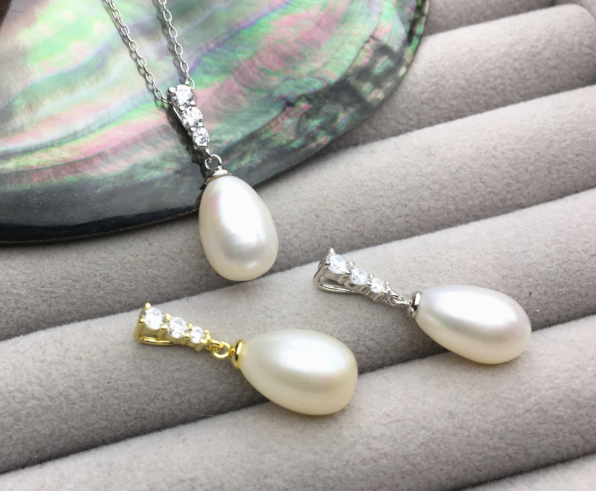 AAA white rice pearl Minimalist cz pendant necklace,S925 Sterling silver pendant,white Pearl necklace - NC1-062