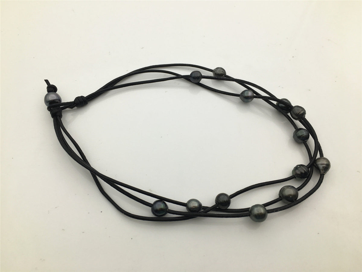 3 rows Tahitian Pearl and Leather Necklace ,Floating pearl and leather Necklace, Multi-Strand Pearls necklace ,Le11-028