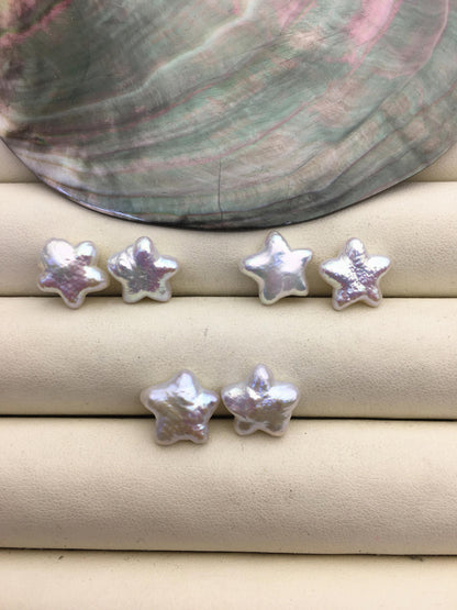 2 pairs AAA 11-13mm White Five pointed star Shape Freshwater Pearl White loose Beads Piar, no hole, wholesale, ZS-103-37-72