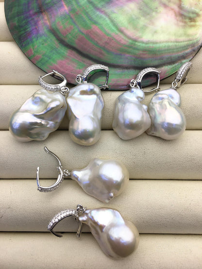 1 pair AAA 13-17mm white flame ball pearl diamond hook earrings, sterling silver, earring with white baroque Natural Pearl, SE3-031-19