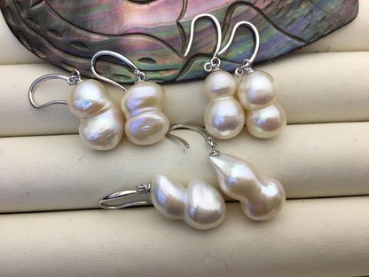 1 pair AAA 11-13mm White gourd baroque pearl dangle earrings, S925 Sterling Silver dangle earrings, wedding pearl earrings, SE3-014