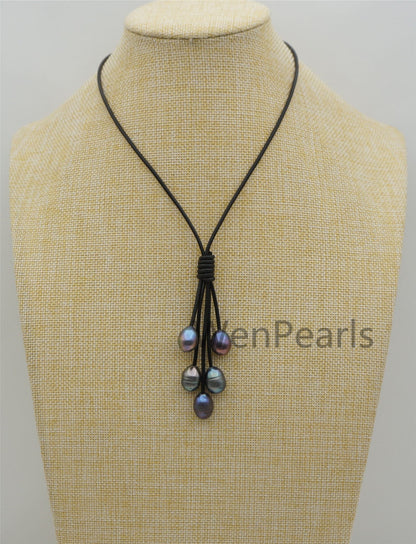 Five Deep Blue Gray Rice Pearl Leather necklace, Green Freshwater pearl, Black Leather Pearl necklace, Select leather color, Le4-076