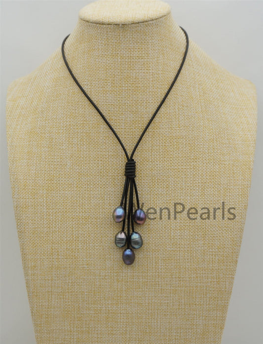 Five Deep Blue Gray Rice Pearl Leather necklace, Green Freshwater pearl, Black Leather Pearl necklace, Select leather color, Le4-076