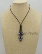 Five Deep Blue Gray Rice Pearl Leather necklace, Green Freshwater pearl, Black Leather Pearl necklace, Select leather color, Le4-076
