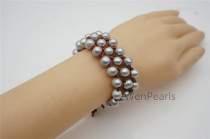 Three rows gray pearl bracelet, Leather Pearls Bracelet, Handmade Cuff, gray Pearls on Tan Leather, Brown leather bracelet, Le7-174