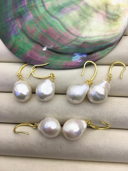 1 pair AAA 12-13mm white baroque drop edison pearl dangle earrings, 925 silver gold-plated earrings, wedding pearl earrings, SE3-T9-24
