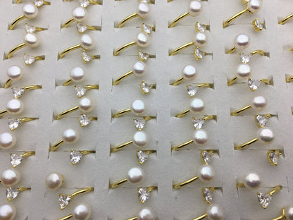 6pcs Gold Open AAA white pearl ring, inexpensive engagement rings, fashion rings, fake diamond rings real pearls, inexpensive ring, R1-088-6