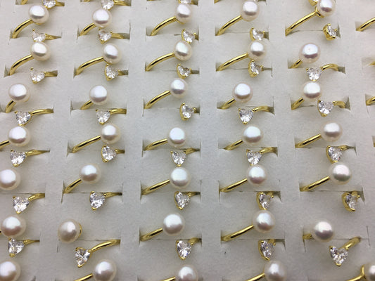 6pcs Gold Open AAA white pearl ring, inexpensive engagement rings, fashion rings, fake diamond rings real pearls, inexpensive ring, R1-088-6