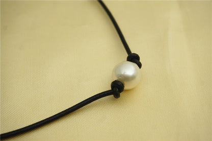 12mm big Round pearl necklace, Leather Pearl Choker, Pearl Leather Necklace, White Freshwater pearl, Black Leather Pearl necklace, Le1-030
