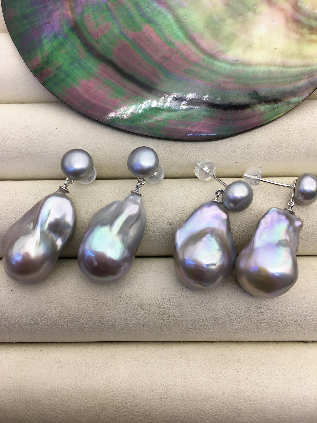 1 pair AAA 13-16mm gray flame ball pearl diamond stud earrings, sterling silver, earring with white baroque Natural Pearl, SE3-031-7