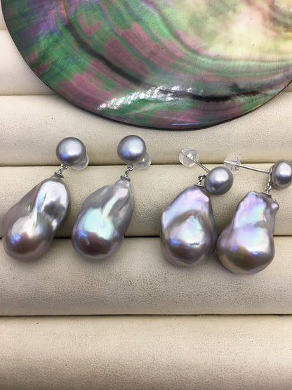 1 pair AAA 13-16mm gray flame ball pearl diamond stud earrings, sterling silver, earring with white baroque Natural Pearl, SE3-031-7