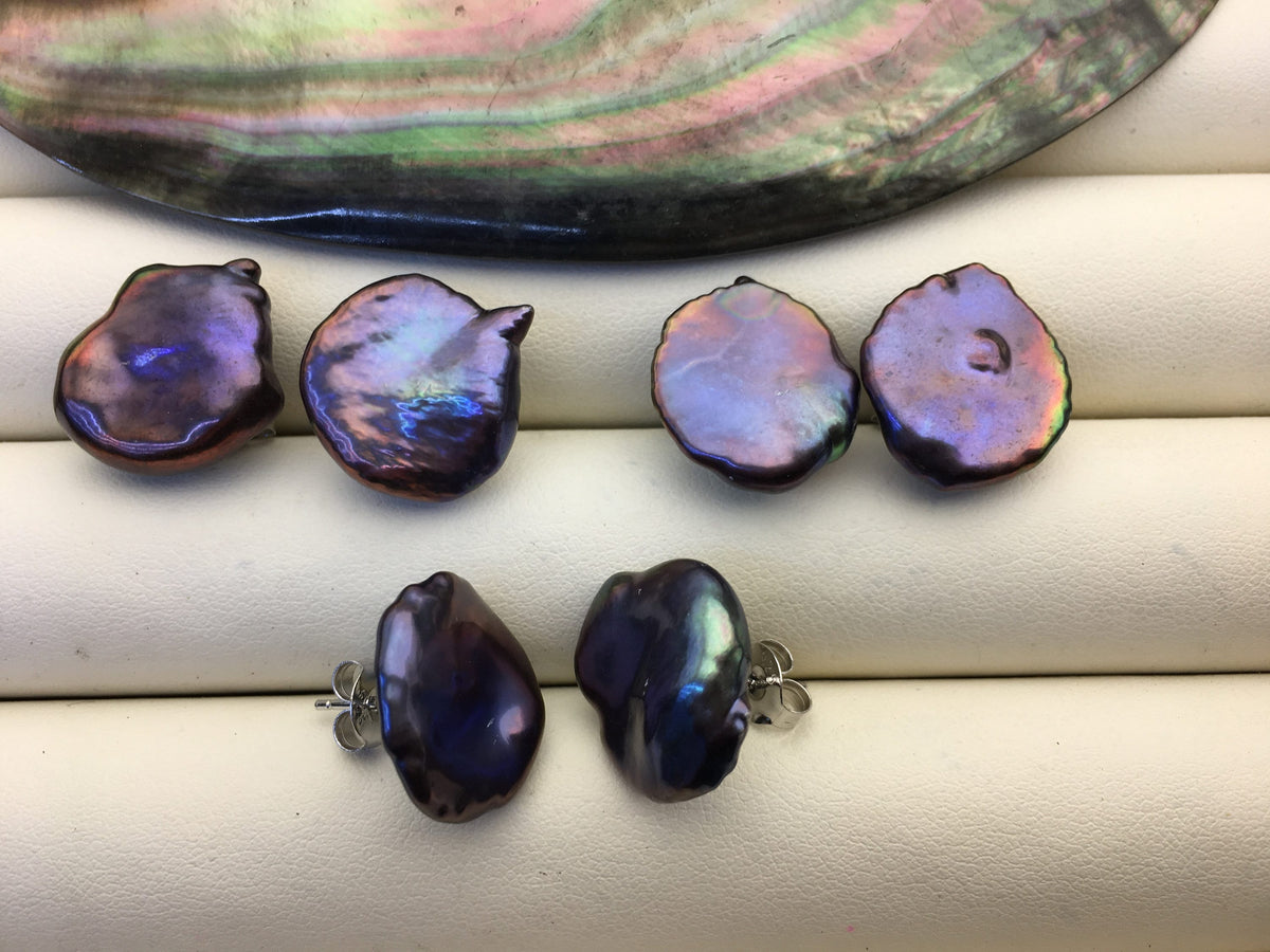 1 pair AAA 16-18mm Black keshi Freshwater Pearl Stud Earrings,Stud Earrings for Women Girls,SE3-T46