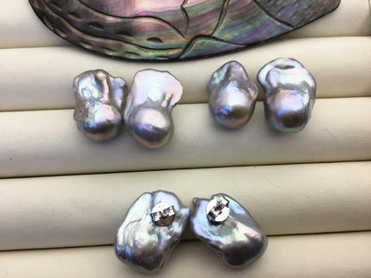 20% OFF 1 pair AAA 13-16mm gray flame ball pearl stud earrings, sterling silver, earring with gray baroque Natural Pearl, SE3-031-10
