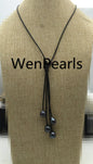 Tahitian pearl neklace, Pearl and Leather Lariat Necklace, Light brown Leather Pearl necklace, Sea pearl, Black pearl necklace, Le11-013