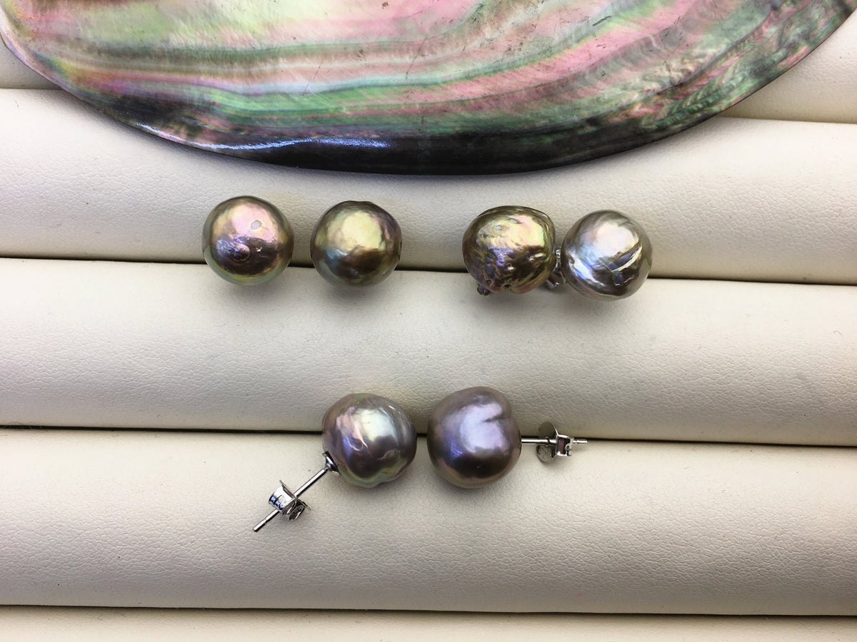 2 pairs AA+ 10-11mm gray baroque near round edison pearl stud earrings,S925 Sterling Silver stud earrings,SE3-T64