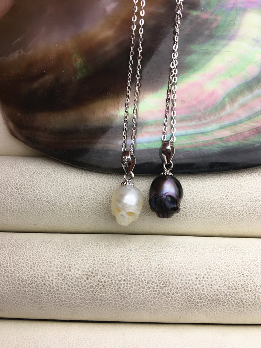 AAA 8mm white/pink/purple/gray/black handmade carved skull freshwater pearl pendant necklace, S925 Sterling silver pendant, NC1-012-9