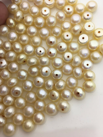 20pcs AAA 7-7.5mm light yellow button round freshwater pearl,half drilled,BTN7-T5